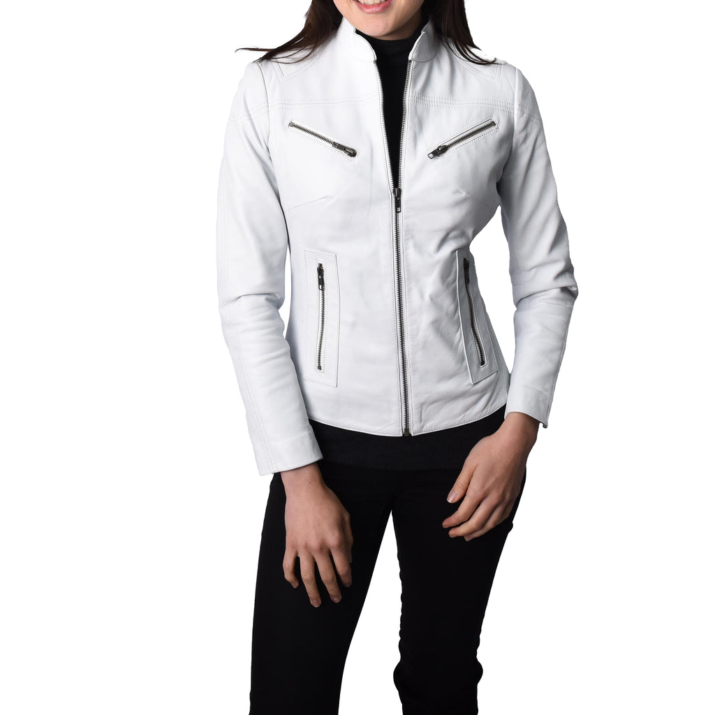 Ladies Classic Casual Biker Real Leather Jacket White MotoBliss 1