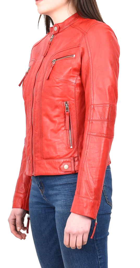 DR245 Women's Real Leather Biker Jacket Red 2