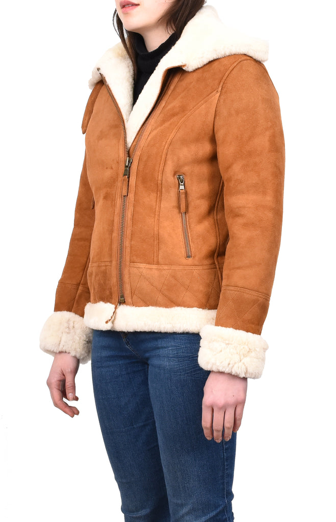 DR533 Women's Real Sheepskin Aviator Jacket Tan 2