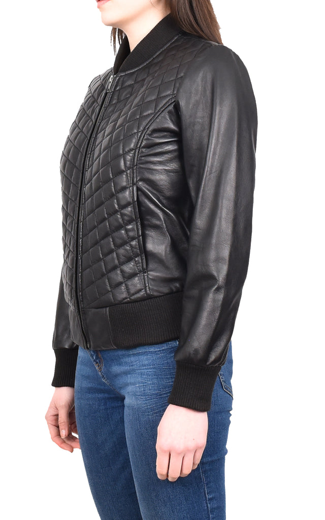 DR211 Women's Quilted Retro 70s 80s Bomber Jacket Black 2