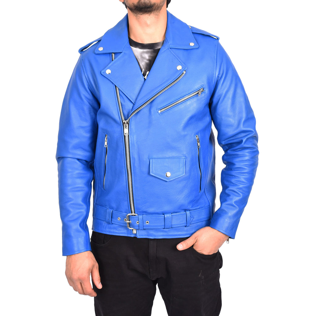 Men's Hard Wearing Real Cowhide Leather Biker Jacket Blue Gunther-2