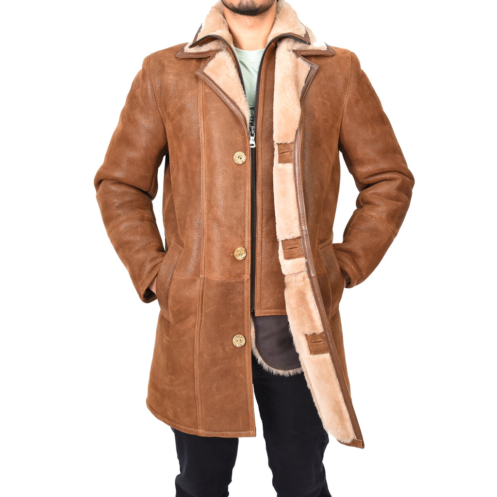 Mens Retro ¾ Length Long Real Shearling Sheepskin Coat Winter Warm Bastian Tan-4