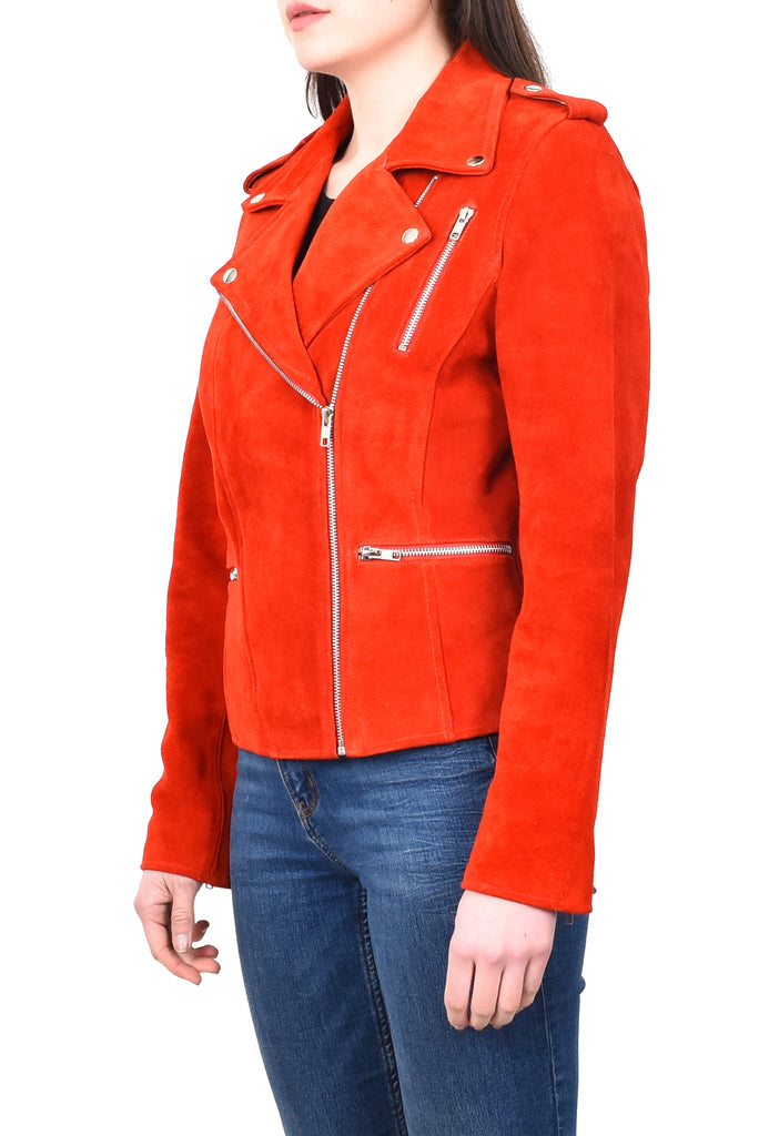 DR217 Women's Hardrock Biker Chich Leather Jacket Red Suede 2