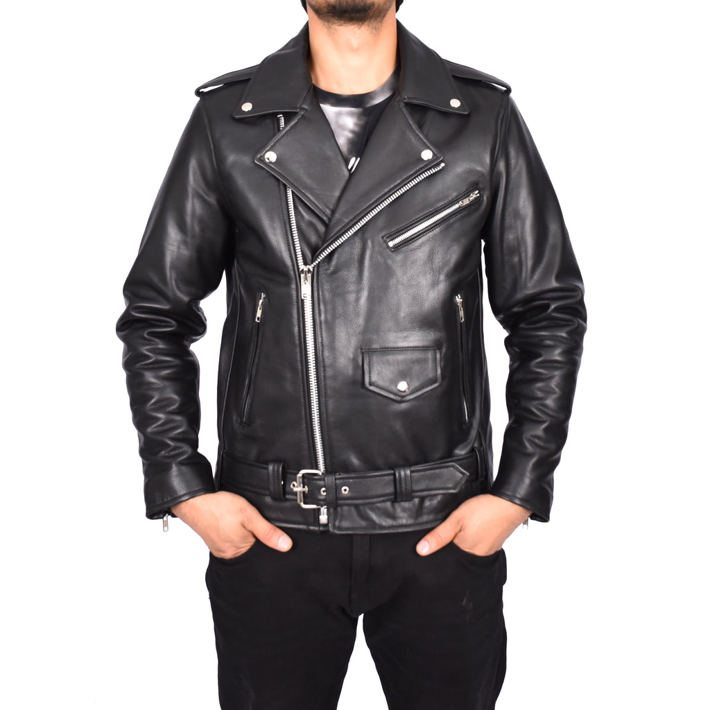 Men's Hard Wearing Real Cowhide Leather Biker Jacket Black Gunther-2