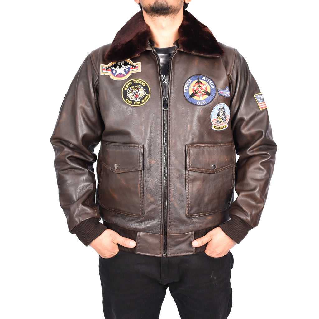 Men's Classic Top Gun Aviator Leather Jacket Brown Valter-2