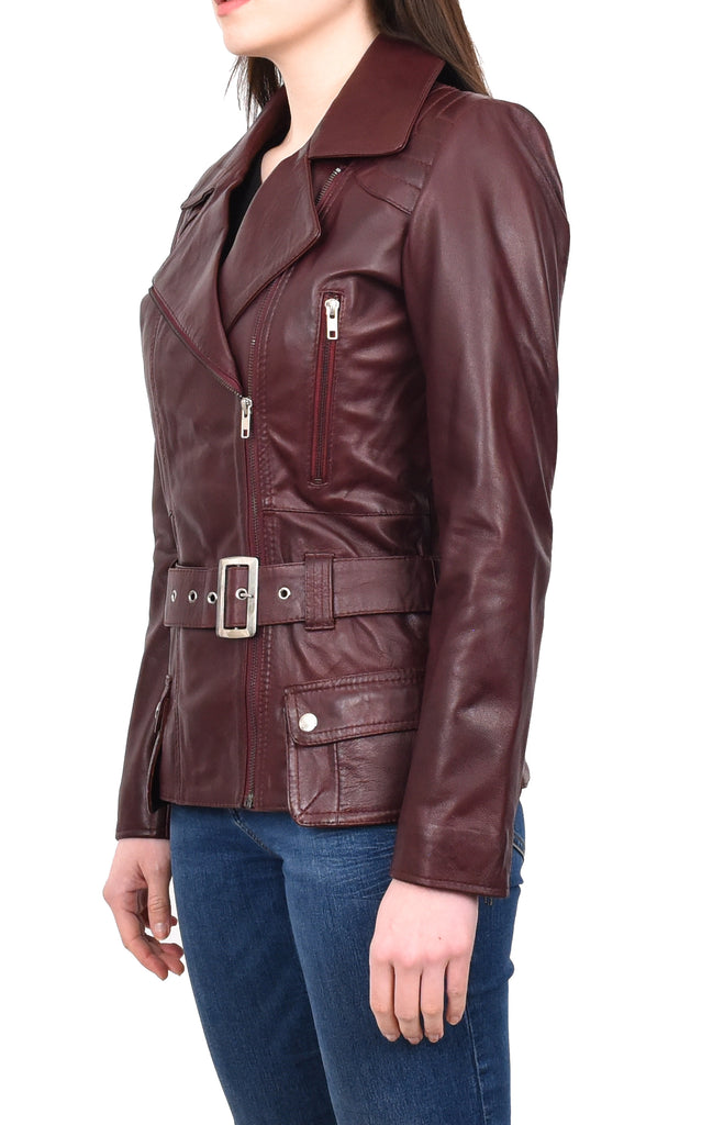 DR205 Women’s Slim Fit Cut Hip Length Biker Leather Jacket Burgundy 2