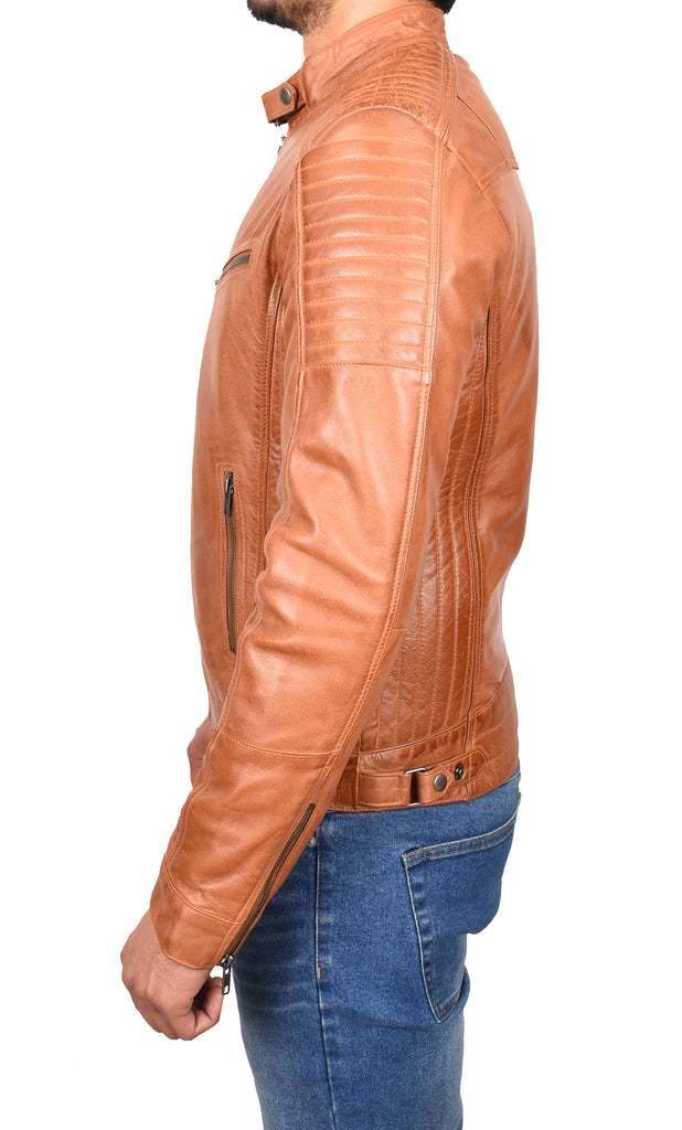 DR101 Men's Leather Cafe Racer Biker Jacket Tan 2