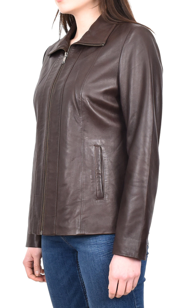 DR202 Women's Casual Semi Fitted Leather Jacket Brown 2