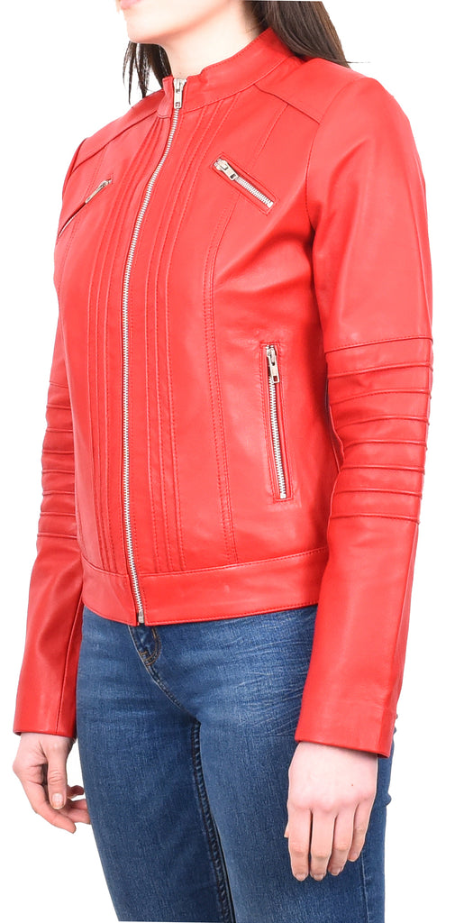 DR222 Women's Casual Biker Leather Jacket Red 2