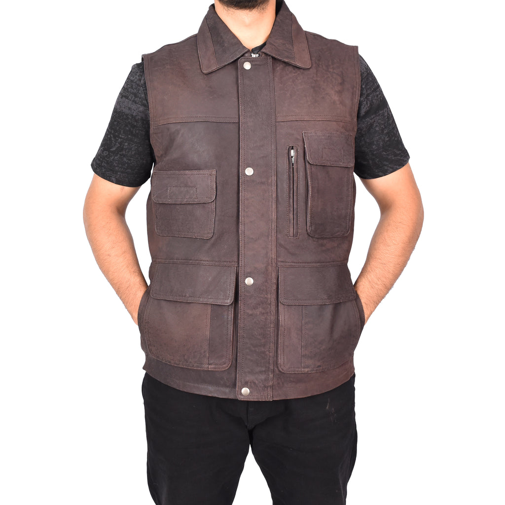 Men's Camping Gilet Fisherman Nubuck Leather Waistcoat Brown Davin 2