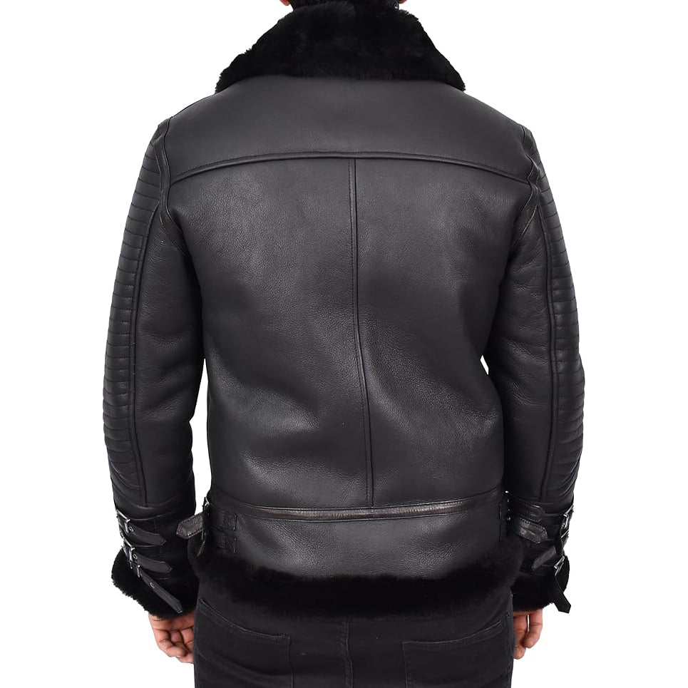 Mens Genuine Sheepskin Jacket Retro Biker Style Flying Aviator  Lothar Black-2