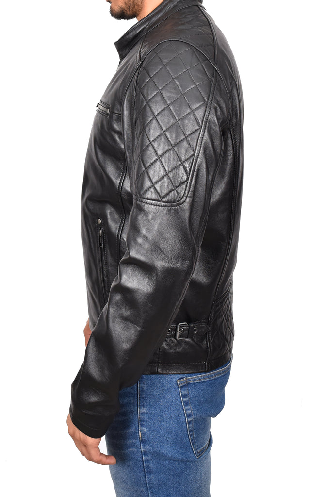 DR158 Men's Classic Quilted Biker Leather Jacket Black 2