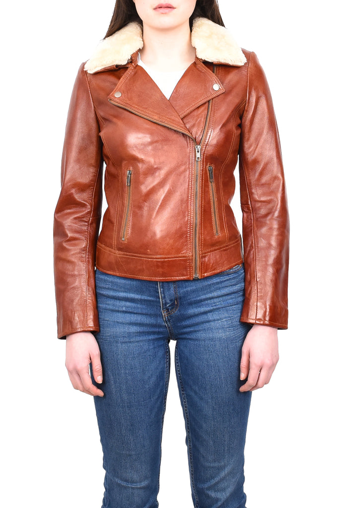 DR237 Women’s Real Chestnut Biker Jacket With Removable Sheepskin Collar 2