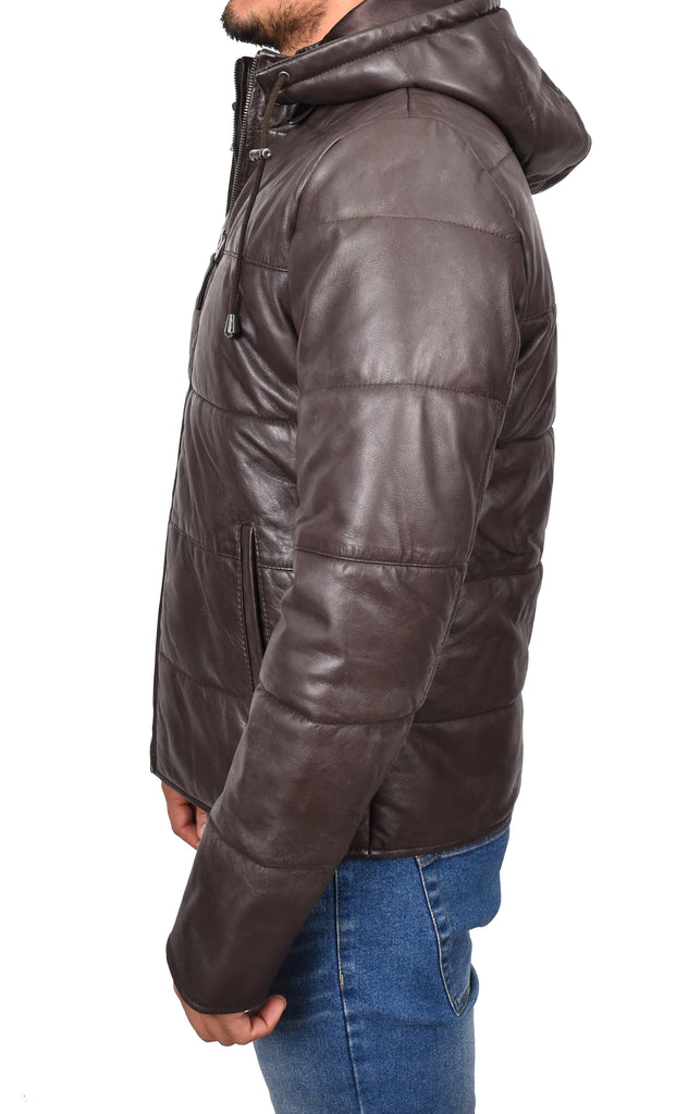 DR188 Men's Leather Hooded Puffer Jacket Brown 2