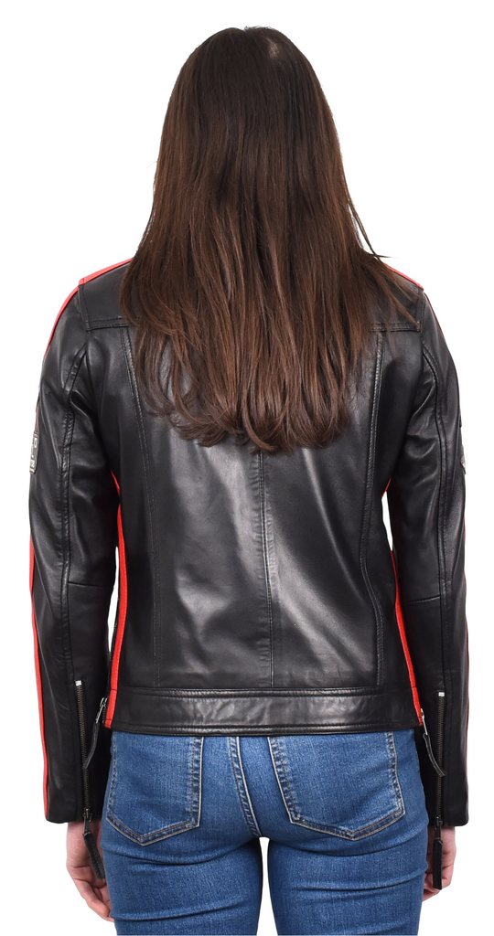 DR674 Women's Soft Real Leather Racing Biker Jacket Black 2