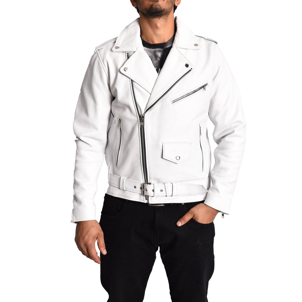 Men's Hard Wearing Real Cowhide Leather Biker Jacket White Gunther-2