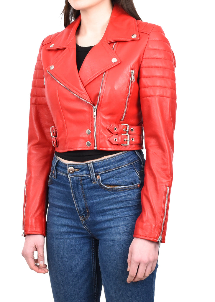 DR197 Women's Short Leather Stylish Biker Jacket Red 2