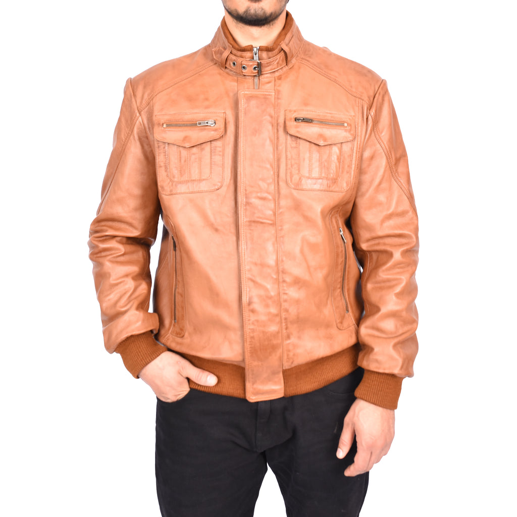 Men's Bomber Style Real Leather Jacket Tan Boden-2