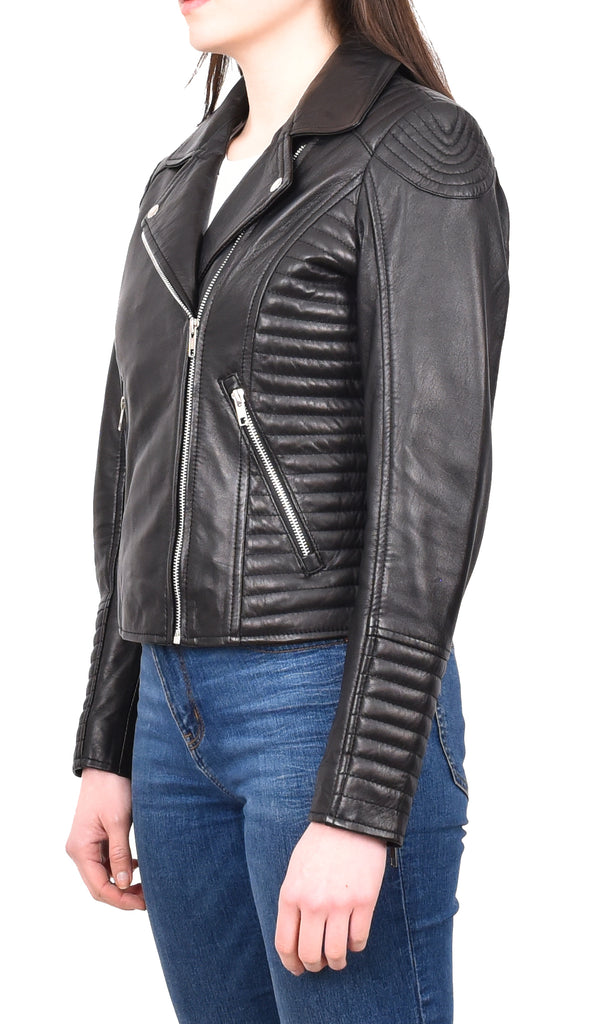 DR206 Women's Soft Leather Cross Zip Biker Jacket Black 2