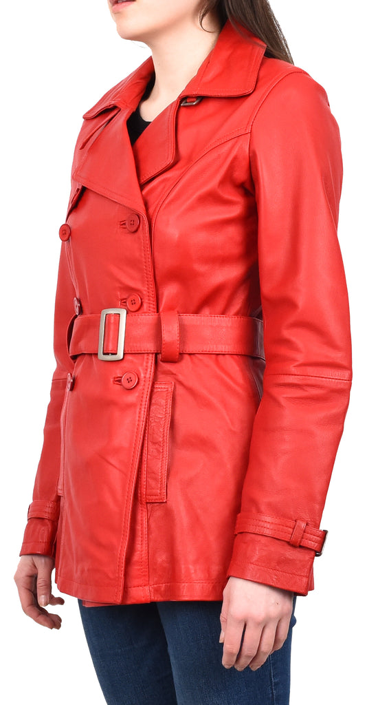 DR201 Women's Leather Buttoned Coat With Belt Smart Style Red 2