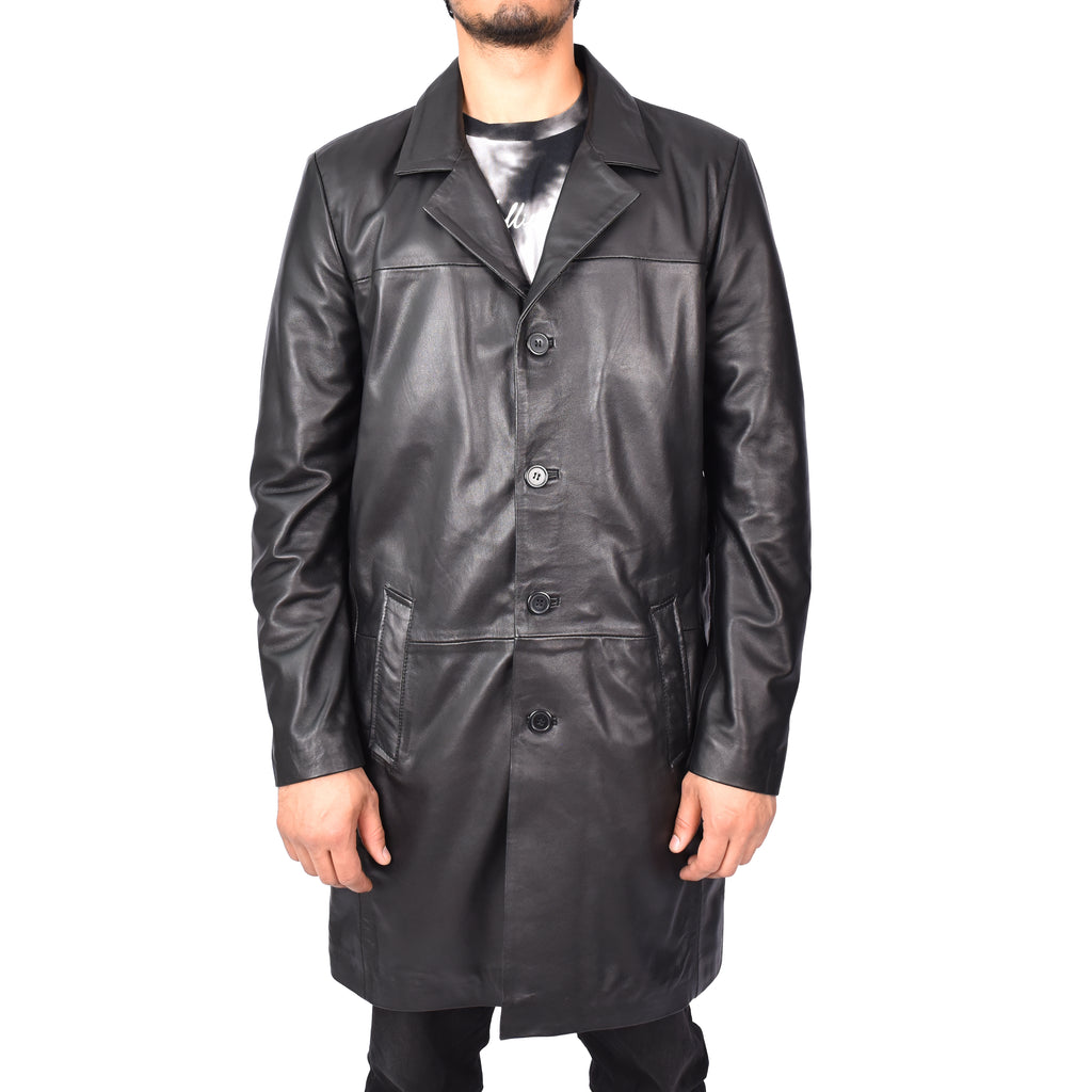 Men's Sheep Leather Coat Buttoned 3/4 Length Black Carson-2