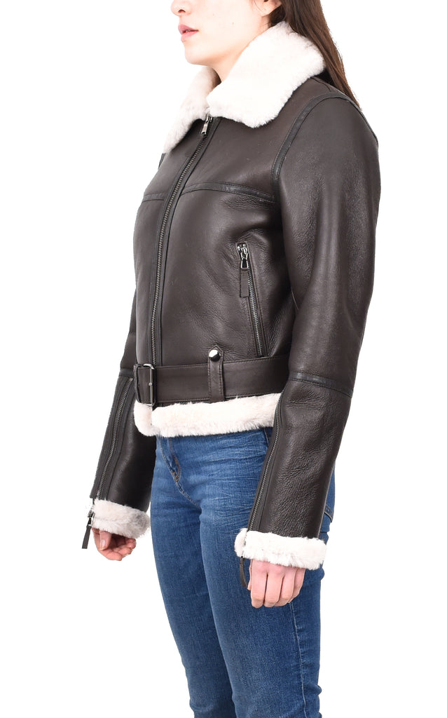 DR228 Women's Retro Sheepskin Leather Jacket Short Brown 2