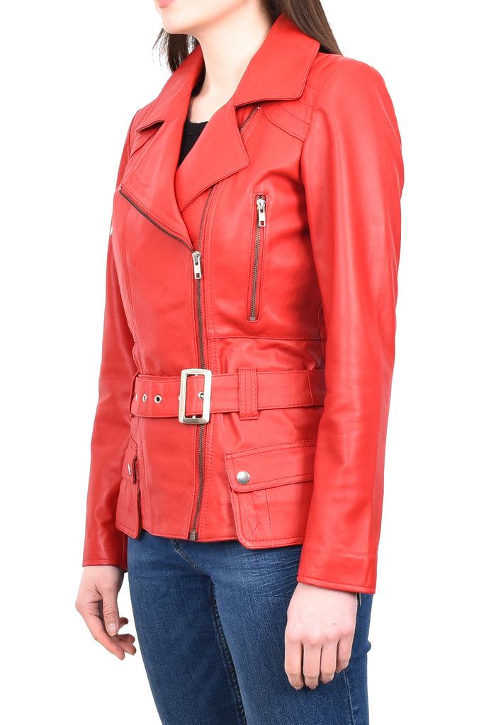 DR205 Women’s Slim Fit Cut Hip Length Biker Leather Jacket Red 2