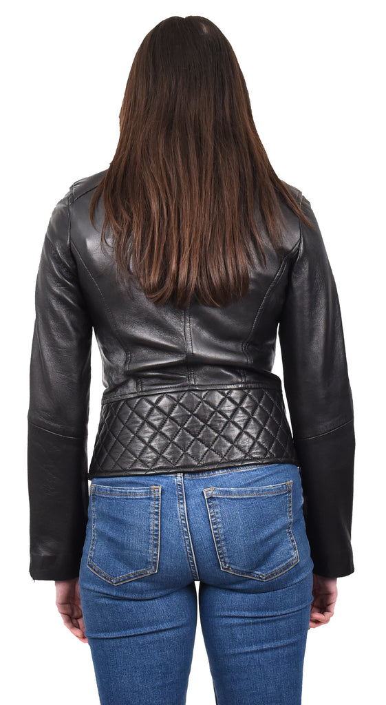 DR233 Women's Biker Leather Jacket Quilted Design Black 2