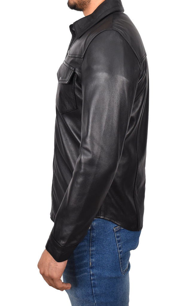 DR548 Men's Classic Leather Trucker Style Shirt Black 2