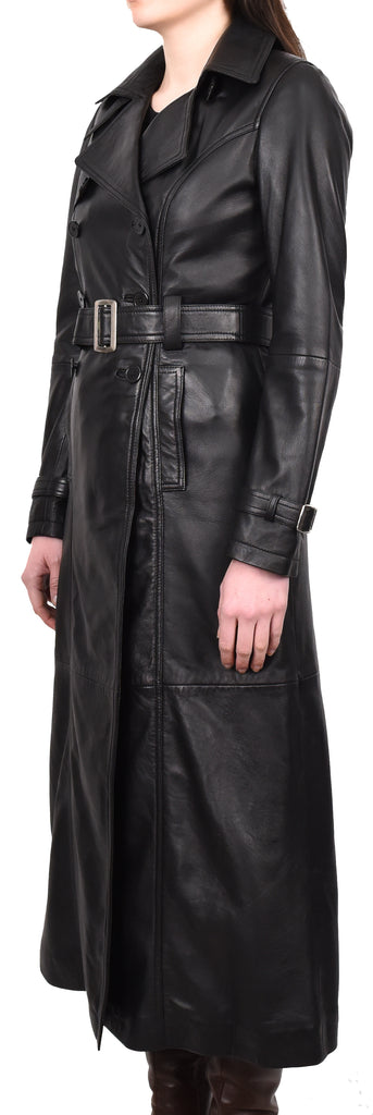 DR242 Women's Leather Full Length Trench Coat Black 2