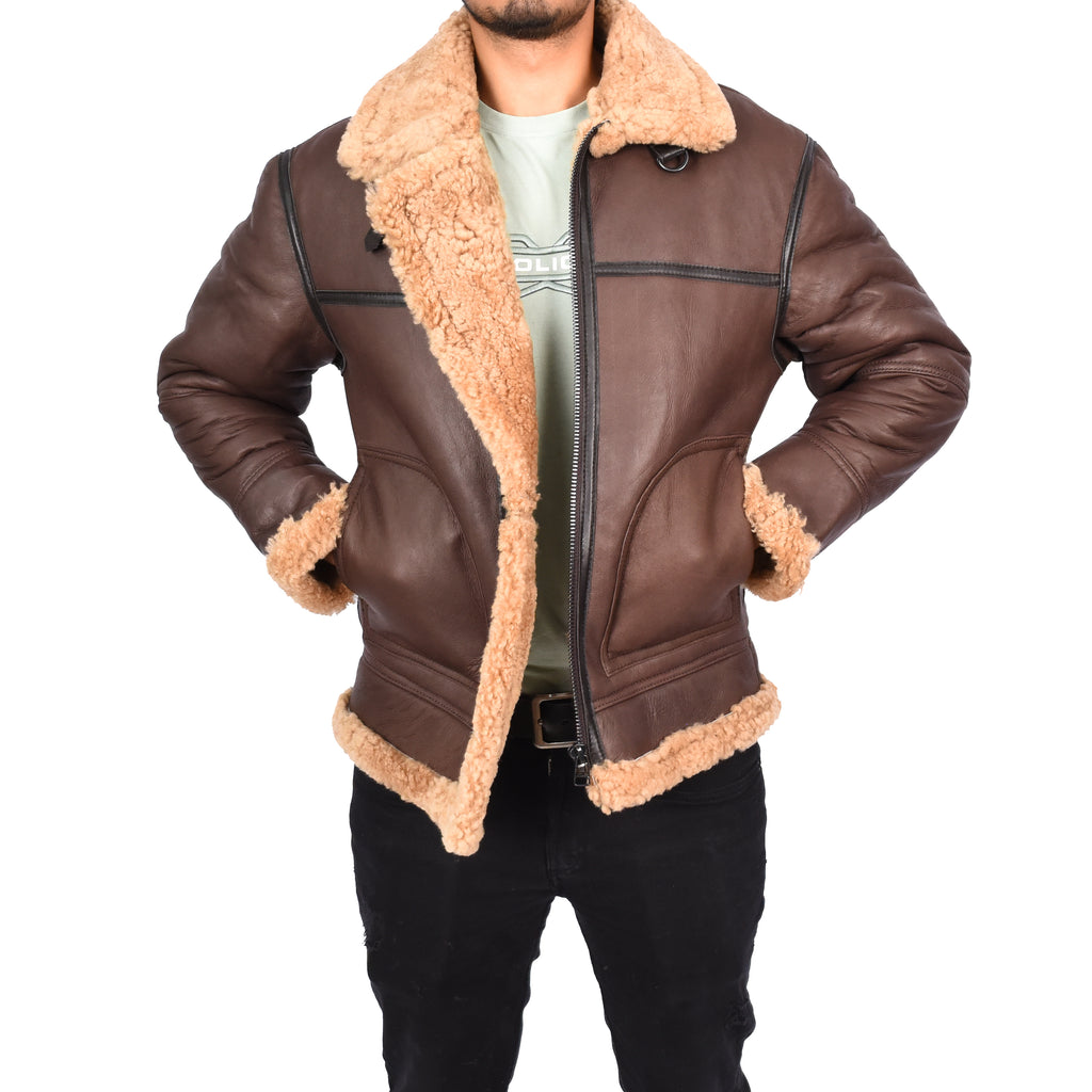 Mens Retro B3 Real Shearling Sheepskin Aviator Flying Jacket Ender Brown-3