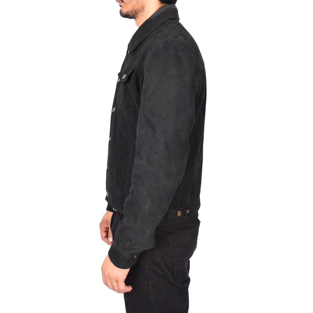 Men's Genuine Suede Buttoned Leather Jacket Trucker Style Black Rorik-2