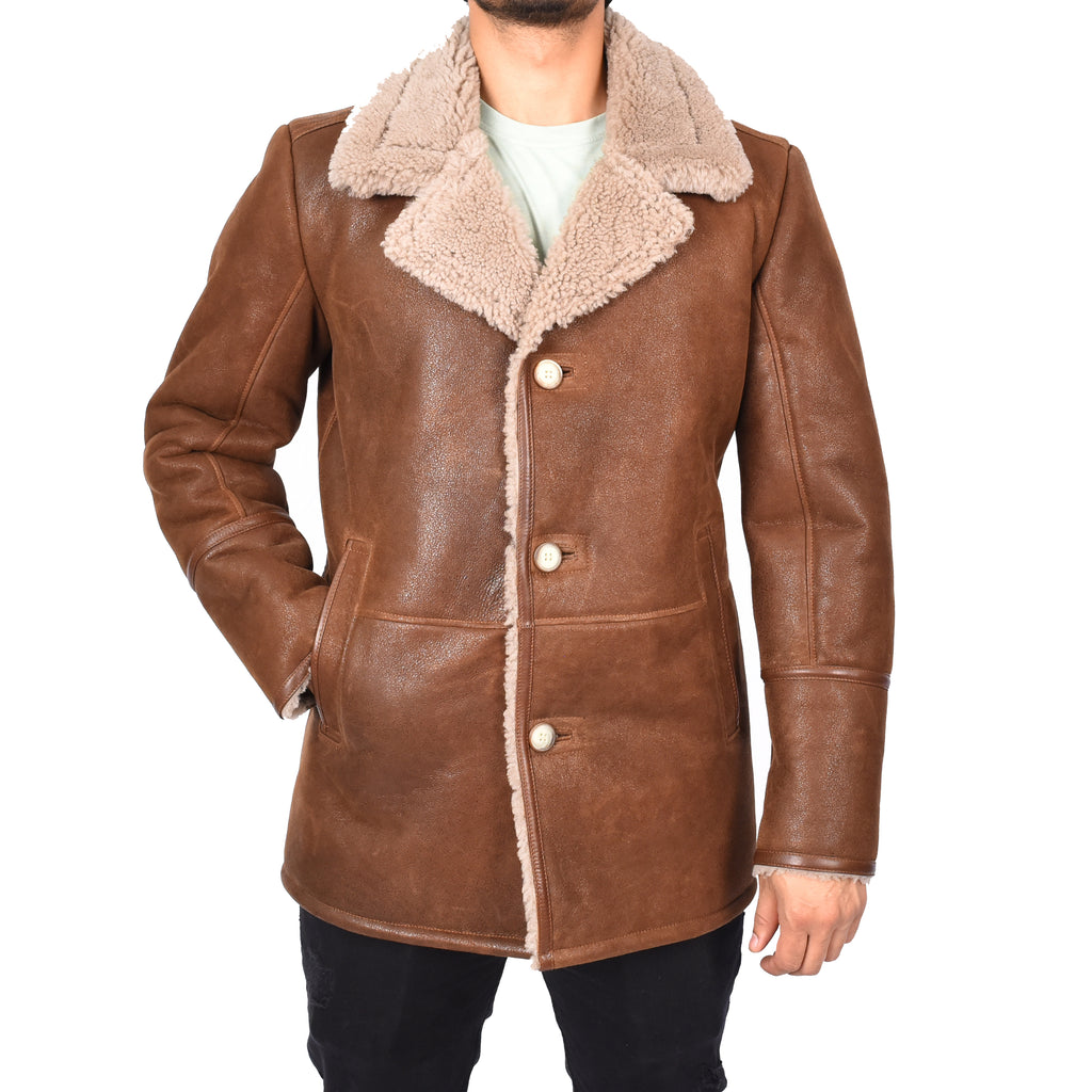 Mens Sheepskin Leather Crombie Coat Brown Divergent Retail