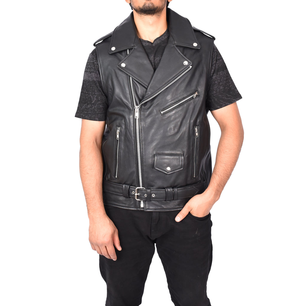 Men's Biker Style Real Leather Waistcoat Black Arkin-2