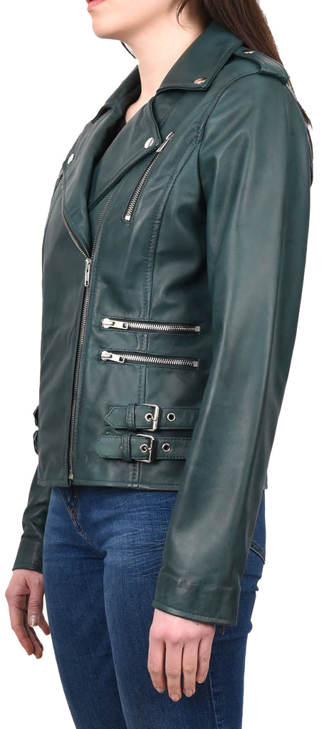 DR195 Women’s Trendy Biker Leather Jacket Teal 2