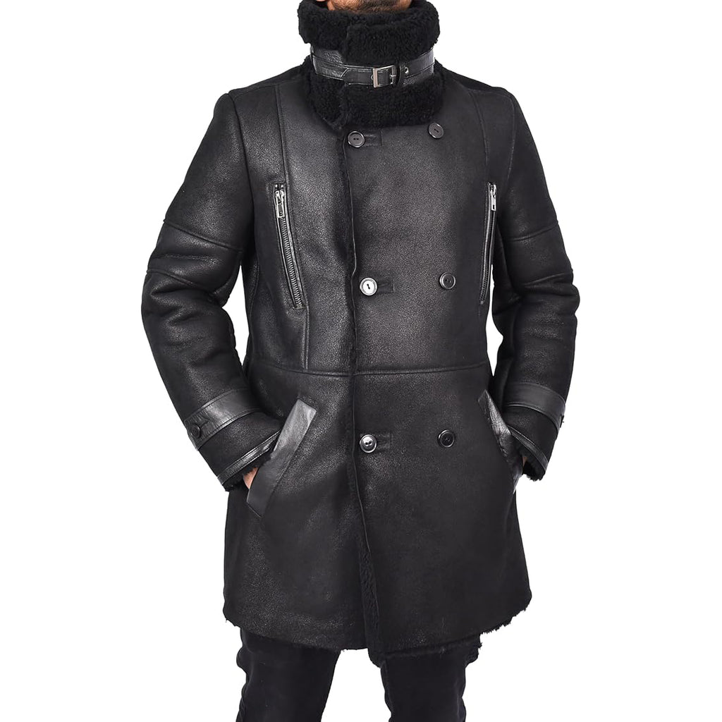 Mens WW1 WW2 ¾ Length Real Shearling Sheepskin Coat Winter Warm Franz Black-2