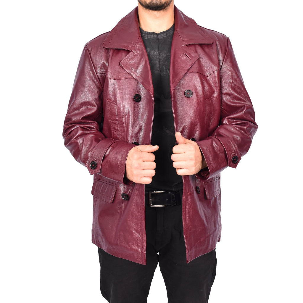 Men’s Trench Pure Leather Fitted Reefer Military Overcoat Burgundy Denbey-2