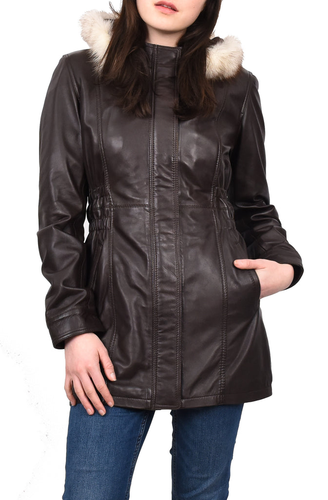 DR204 Women's Smart Long Leather Coat Hood with Fur Brown 2