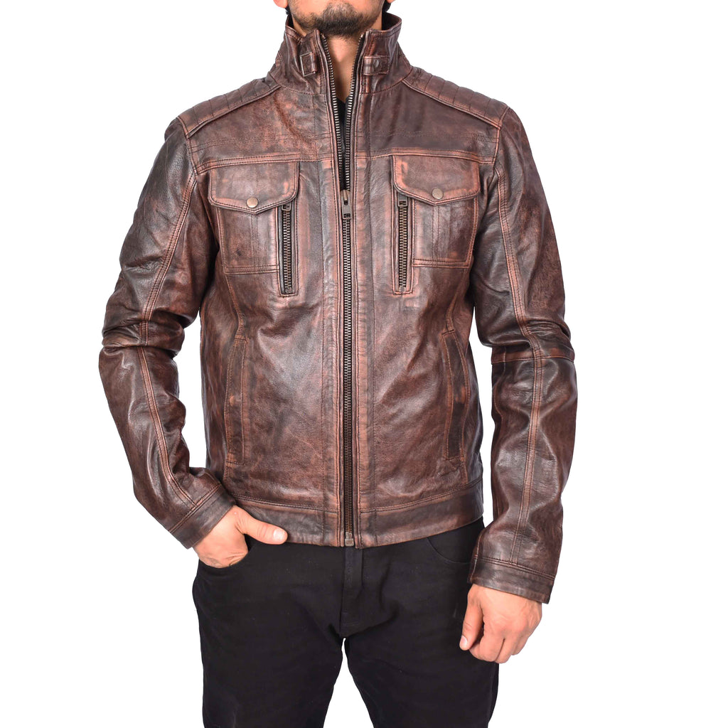 Men's Urban Biker Style Real Leather Jacket Brown Kristoffer 2