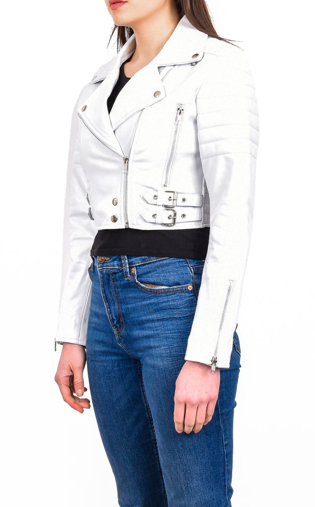 DR197 Women's Short Leather Stylish Biker Jacket White 2