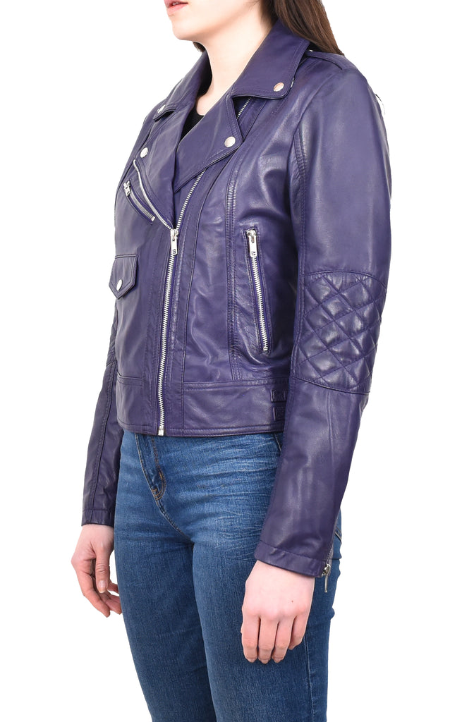 DR207 Women's Real Leather Biker Cross Zip Jacket Purple 2