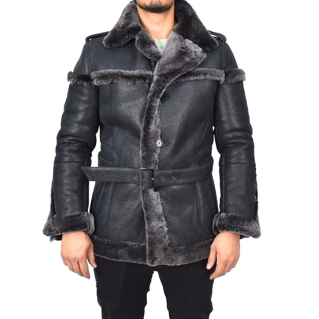 Mens Merino Sheepskin Suede Jacket with Shoulder Epaulettes Gandalf Black-4