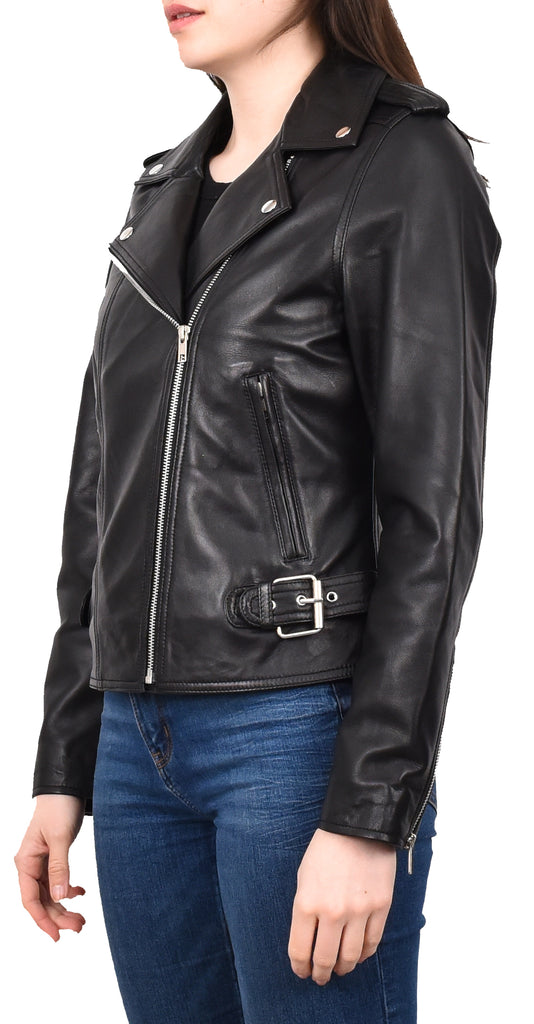 DR221 Women's Chic Biker Fitted Leather Jacket Black 2