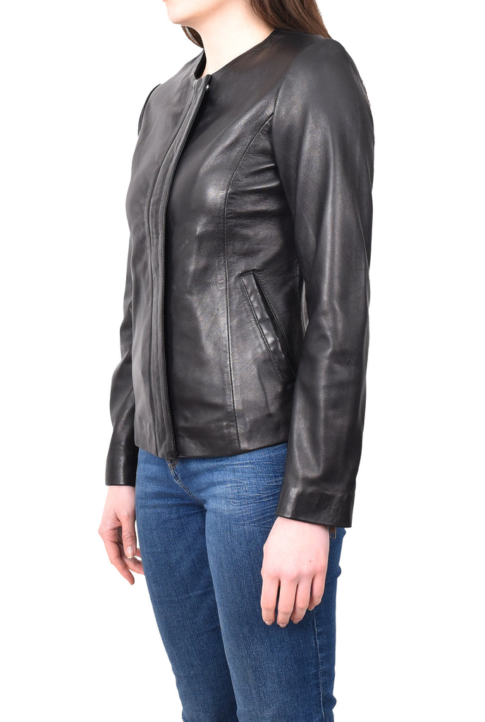 DR244 Women's Real Leather Collarless Jacket Black 2