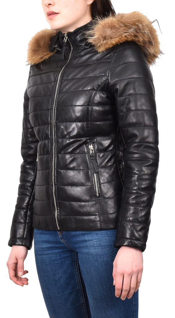 DR262 Women’s Real Leather Puffer Jacket Removable Hood Black 2