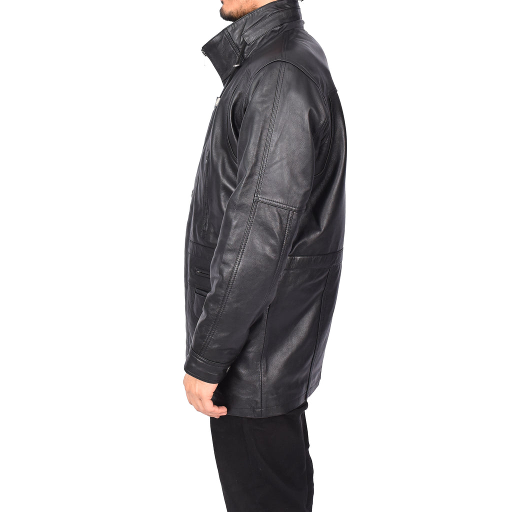 Gent's Classic Real Leather Coat Mens Parka Style Jacket Full Black Carlsen 5