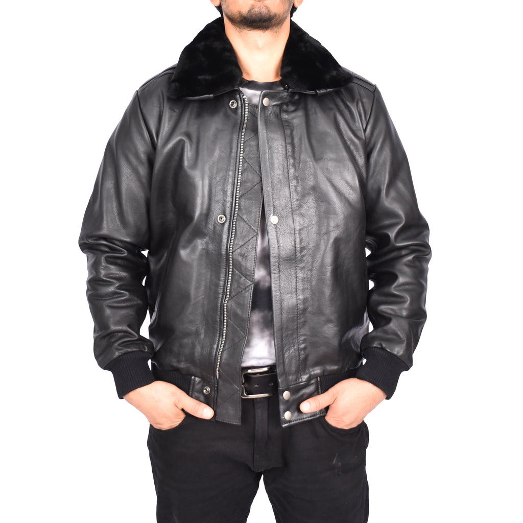 Men's Real Leather Bomber Pilot Jacket Removable Collar Black Edzard-2