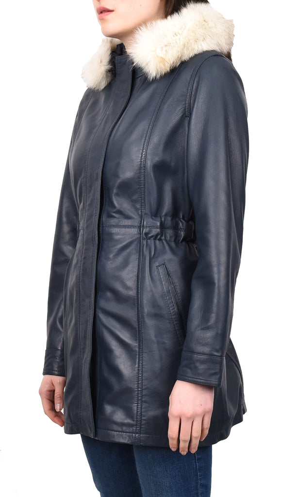 DR204 Women's Smart Long Leather Coat Hood with Fur Blue 2
