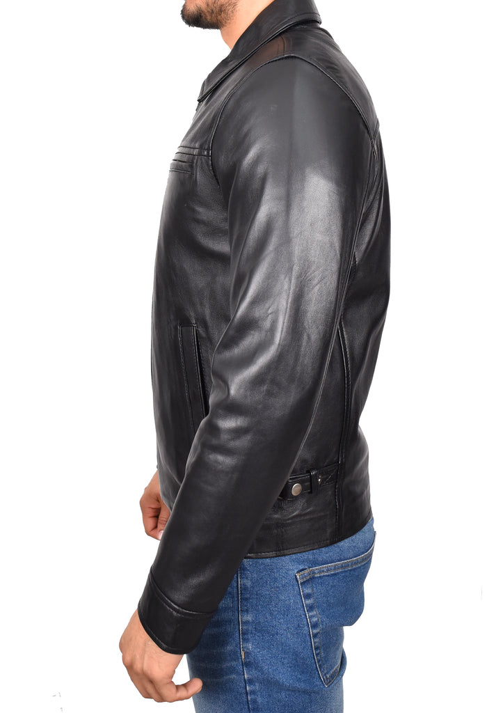 DR162 Men's Classic Zip Box Leather Jacket Black 2