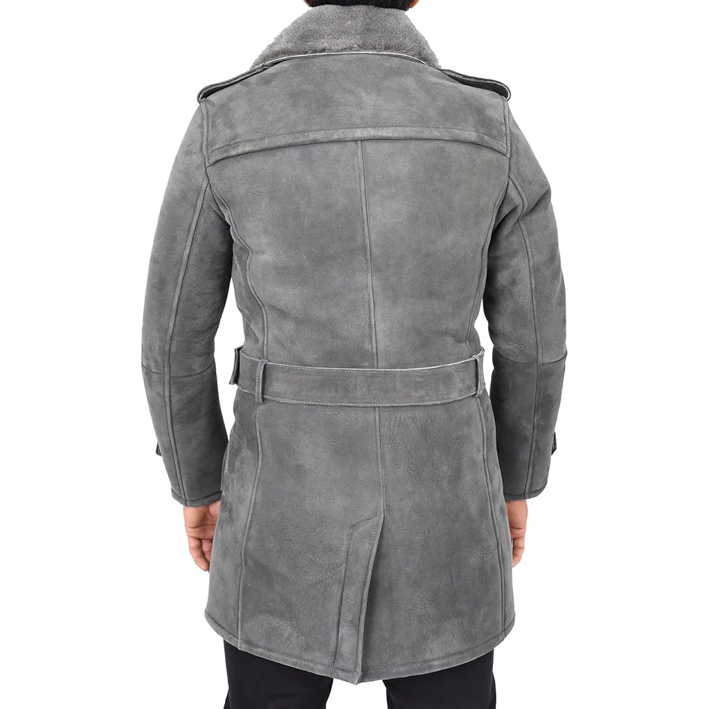 Mens Genuine Shearling Sheepskin Suede Pea Coat Classy ¾ Long Phillip Grey-2